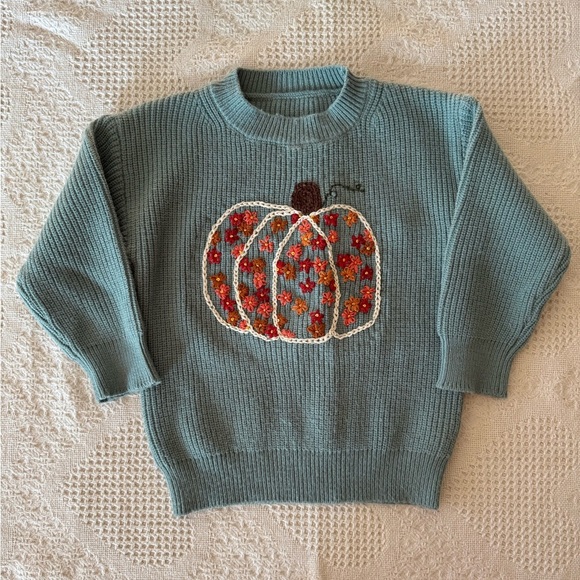 Other - Hand Embroidered Pumpkin Crewneck 3/4 T